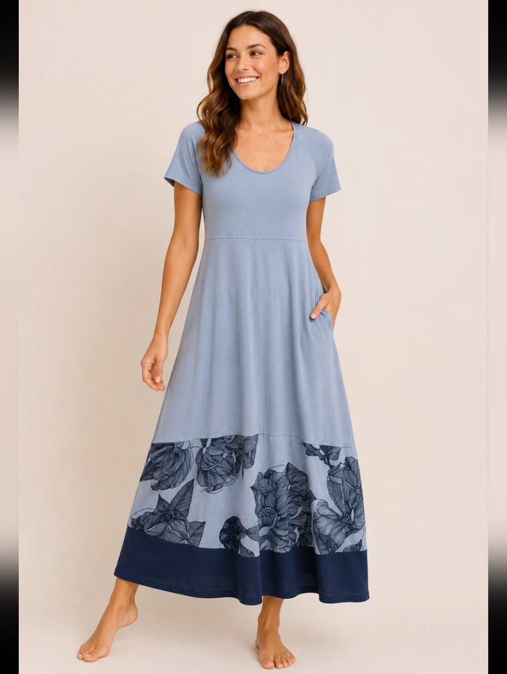 Happy Earth Organic Cotton Dress Scoop Neck Blue Floral Hem Maxi Dress Sz S